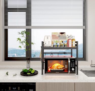 Регульована полиця для мікрохвильової печі, розширювана підставка-органайзер для кухні, з 8 гачків, (2 шт., 2-рівнева, чорна)