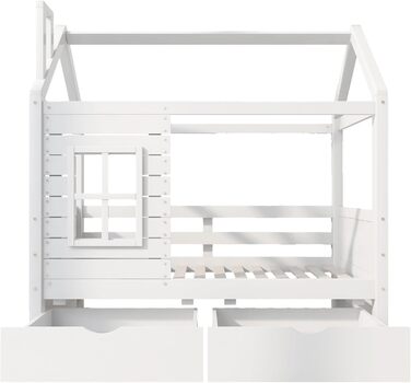 Дитяче ліжко 80x160 см з ящиками та віконцем, масивне дерев'яне ліжко з бортиками та ламелями, ліжко-будиночок для хлопчиків та дівчаток, ліжко-будиночок, ліжко для підлітків, без матраца, біле