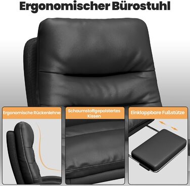 Ергономічне крісло для офісу Naspaluro з підніжкою, крісло для комп'ютера з двошаровою подушкою, високою спинкою, функцією відкидання, регулюванням висоти, з PU-шкіри, чорне, до 150 кг