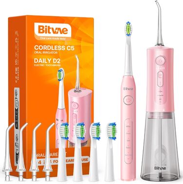 Іригатор для порожнини рота Bitvae та електрична зубна щітка 5 в 1, 3 режими & 5 рівнів тиску, бездротовий, з 4 насадками для щітки та 4 насадками для іригатора, чорний