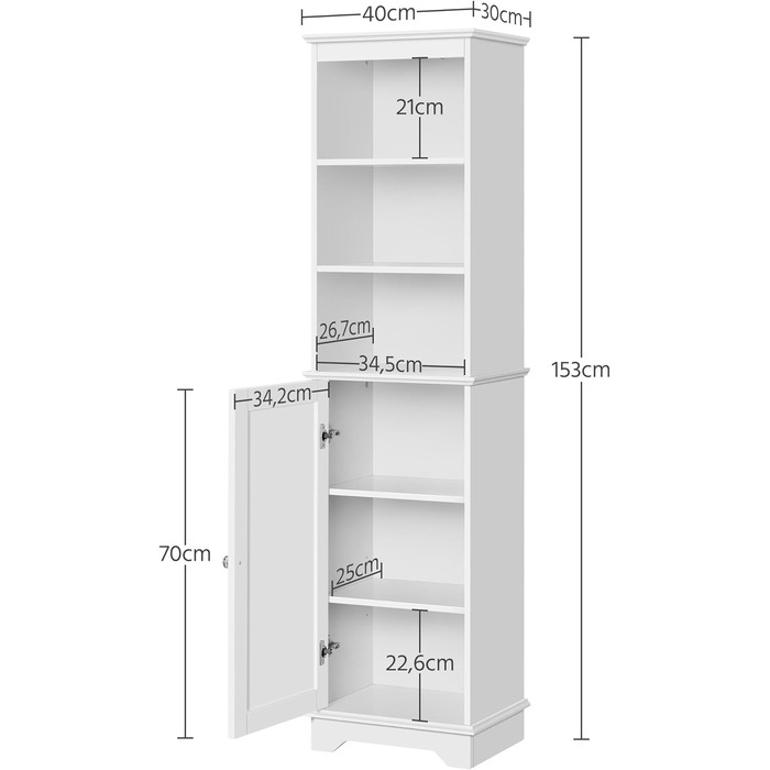 Шафа для ванної кімнати Yaheetech Висока шафа з 3 полицями, 1 дверцятами, регульованою полицею, 40x30x153 см