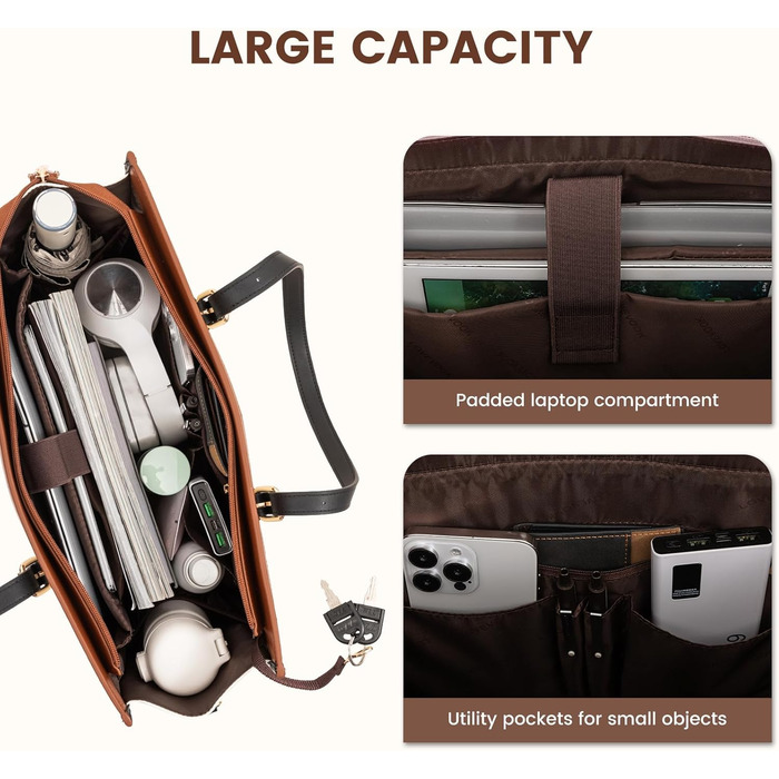 Сумка для ноутбука LOVEVOOK, жіноча, середнього розміру (15,6 дюймів), для роботи, навчання, офісу, універсітету, сумка-шопер, акцент: коричнево-чорно-білий колір