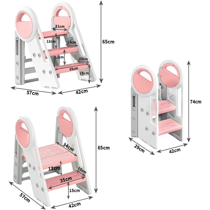 Дитячий табурет-сходилка 2-3 сходинки, регульована висота, складана, для ванної, дитячої кімнати, кухні (рожевий + білий)