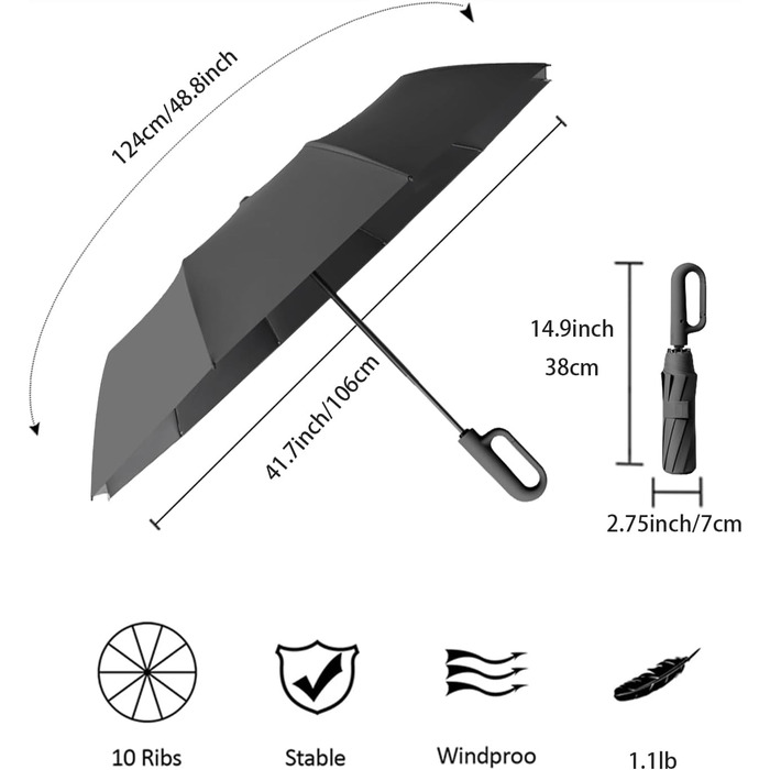 Велика, штормова парасолька з 10 ребрами, захист від ультрафіолету, автоматичне відкриття/закриття, 106 см, чорний