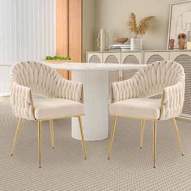 Набір з 2 обідніх стільців Samt, крісла для вітальні, стільці для кухні з підлокітниками, стільці для макіяжу з золотими ніжками, стільці для балкону білого кольору