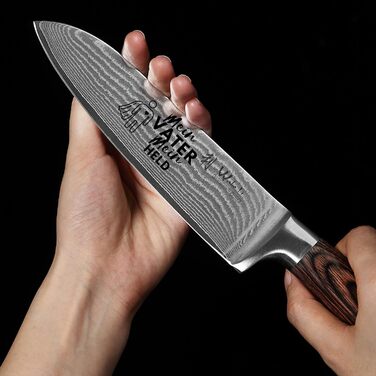 Японський ніж Santoku Wakoli EDIB з дамаської сталі (серцевина VG10), 17 см – гострий ніж для кухні та приготування їжі, преміум якість, з дерев'яною ручкою Pakkaholz, подарункова коробка з гравіюванням логотипу