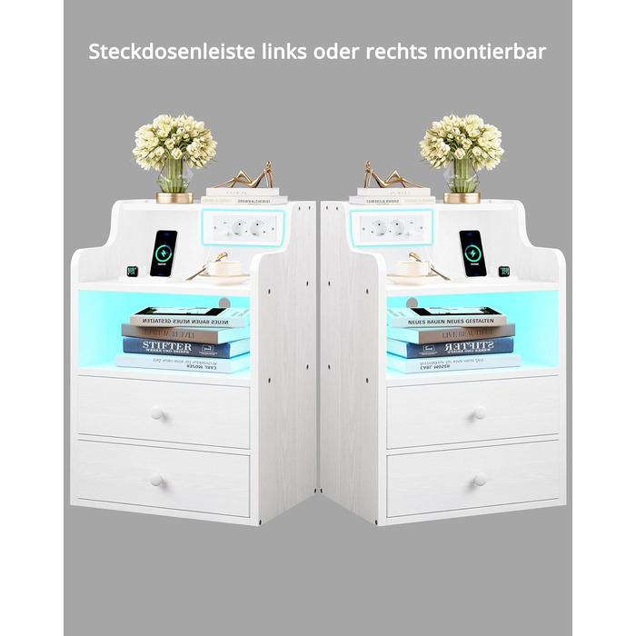 Нічний столик IRONCK з LED-підсвіткою, розеткою та функцією зарядки, з ящиками, білий.