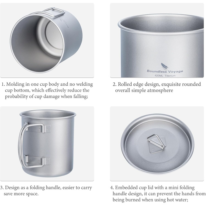 iBasingo Titan Becher: туристичний посуд, термокружка, чашка для кемпінгу з кришкою та складним ручками (200-750 мл)