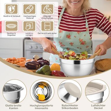 Набір мисок HaWare 6 шт. з нержавіючої сталі з кришками та набором терок, 4.6л/2.8л/2.5л/1.6л/1.2л/0.7л, з силіконовим дном, для миття в посудомийній машині