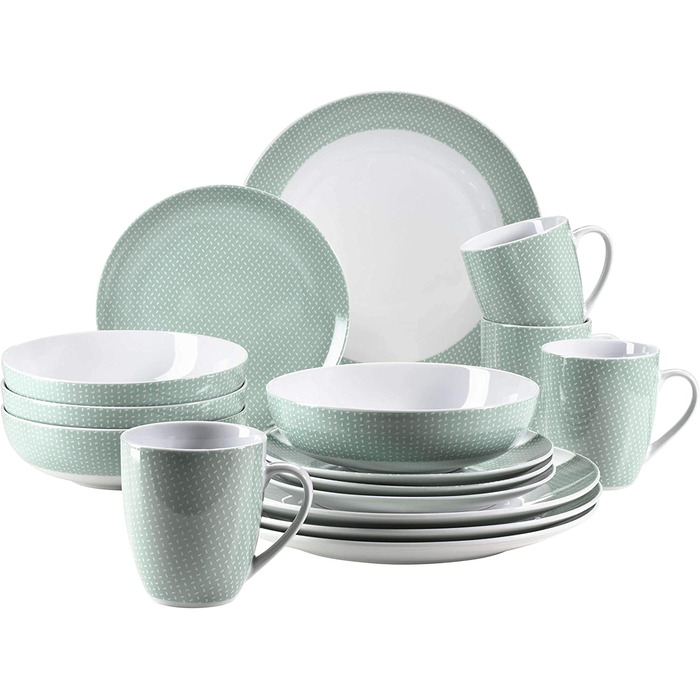 Набір посуду на 4 персони, комбінований сервіз на 16 предметів пастельного кольору з тонким малюнком, фарфор, (зелений), 931564 Kitchen Time II