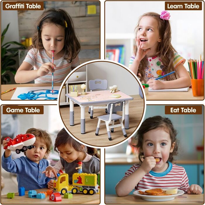 Дитячий стіл JoyHood з 2 стільцями - регульована висота. Набір дитячих меблів для дітей 3-8 років. Сірий колір. Підходить для школи, дитячого садка, дому.