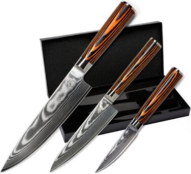 Набір кухонних ножів Wolfblood з дамаської сталі (32, 26, 20 см) - 67 шарів, 62 HRC, з захистом леза та подарунковою коробкою