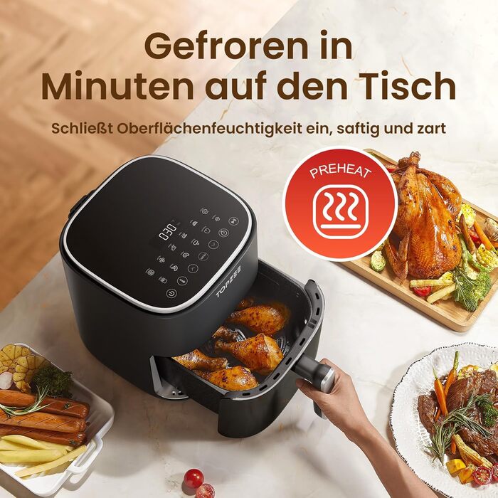 Фритюрниця без олії, 5 л, для 3-5 осіб, ідеальна для любителів м'яса, з регулюванням температури та таймером 24 год, тиха, з антипригарним кошиком та крихкою платформою, зелено-чорна