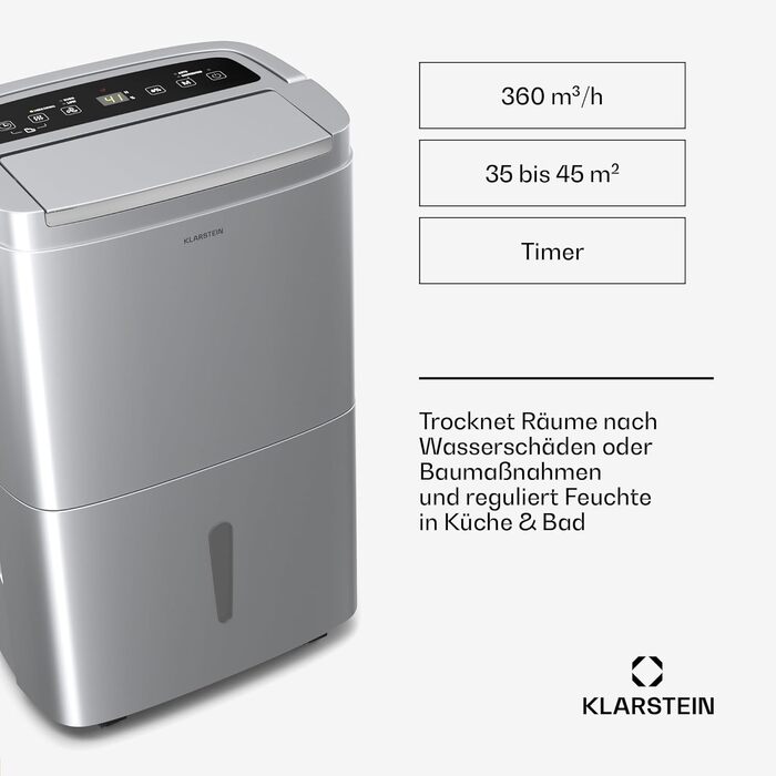 Електричний осушувач Klarstein DryFy 20L - 400W, 20л/день, 5л бак, 46dB, Auto-Swing, таймер, режим сушіння білизни, для дому та офісу, білий (40л, нержавіюча сталь)