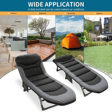 Розкладне кемпінгове ліжко-шезлонг XXL чорне, посилене польове ліжко з регульованою спинкою для відпочинку, рибалки та саду