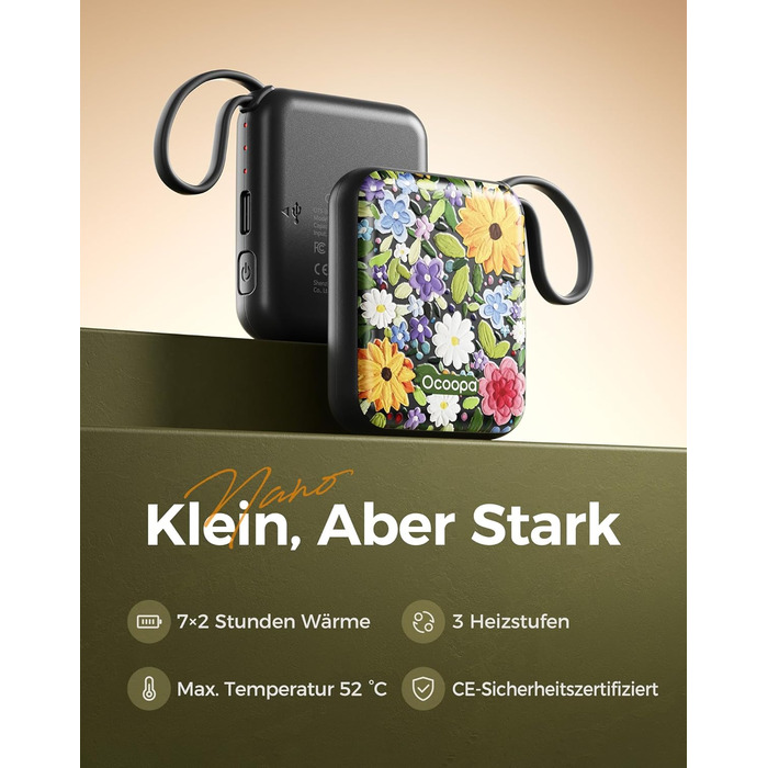 Електричні грілки для рук OCOOPA 2 шт., багаторазові, 4000mAh, USB, 3 режими нагріву, до 52°C, подарунок на Новий рік, для зимового відпочинку, катання на лижах, подорожей та активного відпочинку, UT5 Nano Blühende Farbenpracht (Ocoopa x Künstleredition)