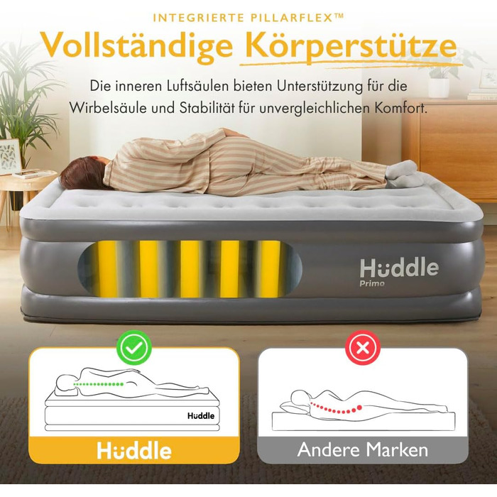 Надувне ліжко Huddle Lite з інтегрованим насосом – зручна повітряна матрац для кемпінгу, гостей та запасних кімнат (одинарне, двоспальне, king-size)