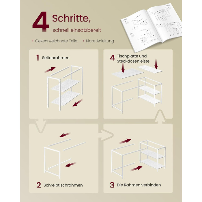 Кутовий стіл VASAGLE L-подібної форми з полицею, для офісу вдома, 120 x 80 см, Ahornweiß (без розетки)