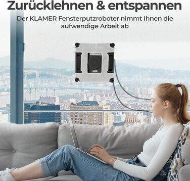 Робот-прибиральник вікон KLAMER 3500 Pa – автоматичний мийник вікон з резервуаром для води 100 мл, функція вологого прибирання, розпізнавання країв, тиха робота 60 дБ, захист від падіння та інтелектуальне планування маршруту (Чорний)