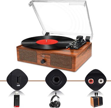 Вініловий програвач Udreamer з Bluetooth, вбудованими динаміками, пасиковим приводом, 3 швидкостями, вінтажний, для домашнього використання, коричневий