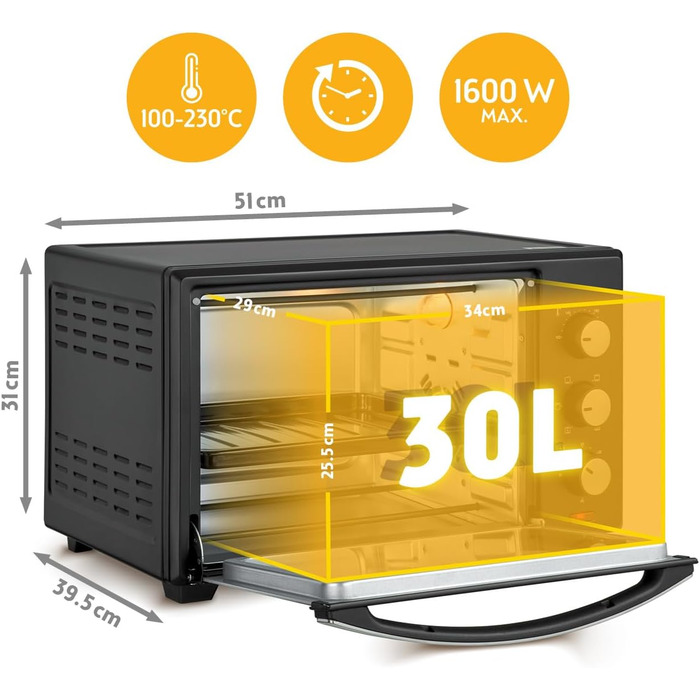 Міні-піч TZS First Austria 30L з регулюванням температури та грилем, 1600W - для кухні та кемпінгу