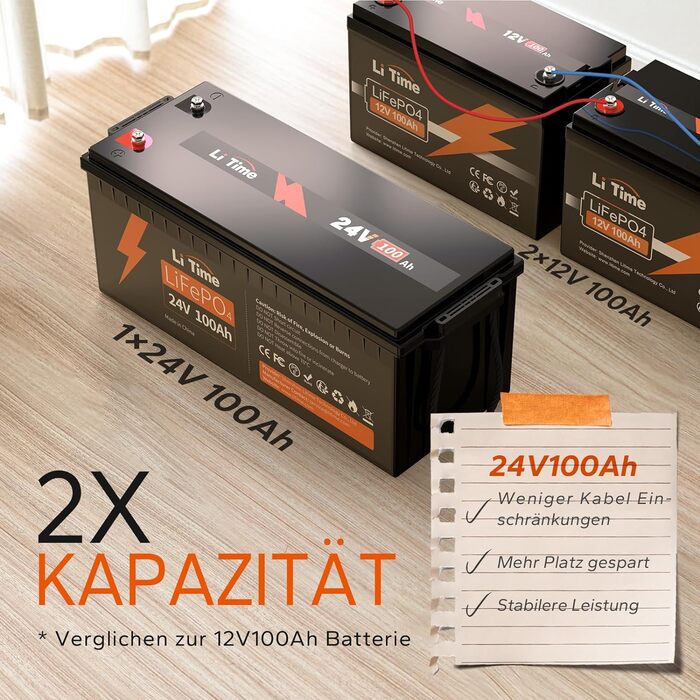 Акумуляторна батарея LiFePO4 24V 100Ah, 2560 Вт, 15000 циклів, 10 років, заміна на AGM, для автофургону, морська