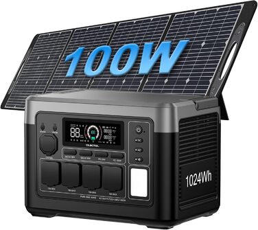 Портативна електростанція 1024Wh LiFePO4, сонячний генератор з 4 роз'ємами AC 1800W (3600W пік), 100W USB-C, швидка зарядка, UPS, для кемпінгу, RV, надзвичайних ситуацій (P1000E PLUS+PV100 Solarpanel)