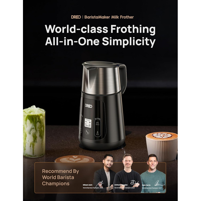 Dreo автоматичний спінювач молока All-in-1: для лате-арту, гарячих/холодних напоїв, 800 мл, електричний, миється в посудомийній машині (сріблястий, чорний)