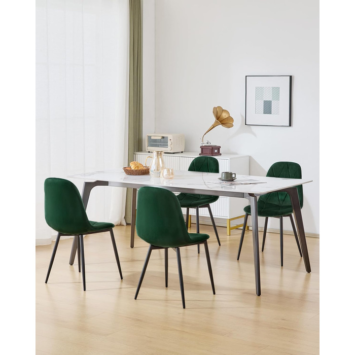 Набір обідніх стільців Lestarain (4 шт.) з підлокотниками, для кухні, вітальні, обідньої кімнати. М'які стільці з оксамитовим покриттям, металевий каркас, ергономічний дизайн, темно-зелений колір
