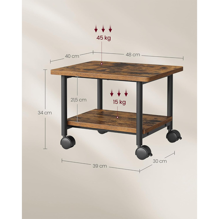 Столик для принтера VASAGLE на колесах, з полицею, для офісу та дому, індустріальний стиль, вінтажний колір, OPS002B01V1