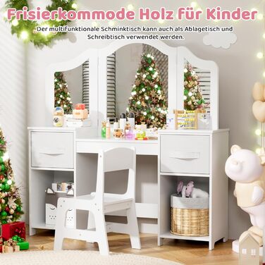 Дитячий туалетний столик MAMIZO 2 в 1 з дзеркалом та пуфом, рожево-білий, 108x30x114 см