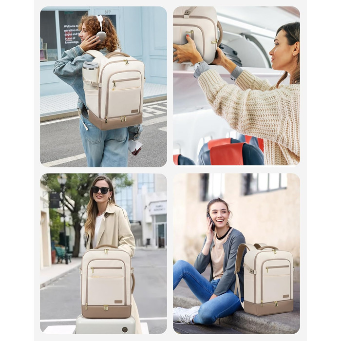 LOVEVOOK Рюкзак для ручної поклажі 40L з окремим відділенням для взуття, жіночий, великий, з вологостійким відділенням, рюкзак-валіза для подорожей (3 шт., Бежевий, Хакі)