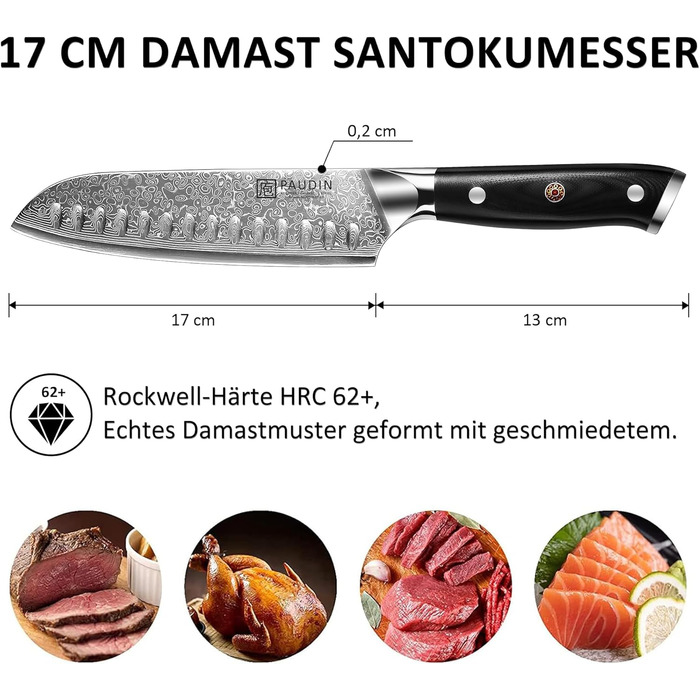 PAUDIN Сантоку ніж з дамаської сталі 17 см, професійний кухонний ніж з VG10 серцем, ергономічна ручка G10