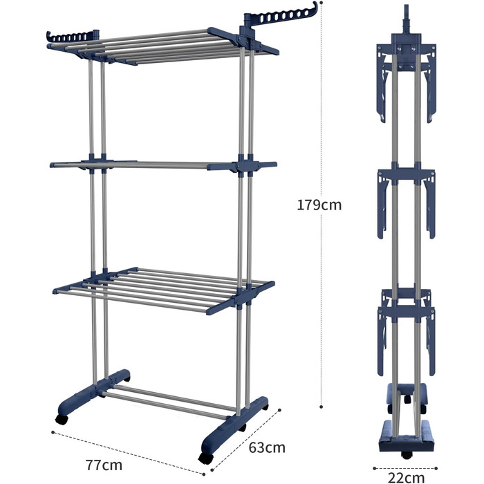 Сушильна стійка Allyson - складна, стійка до погодних умов, колеса, економія місця, внутрішня/зовнішня, темно-синя