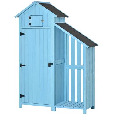 Outsunny Garden Shed Садовий сарай з кімнатою для зберігання дров 3 полиці Асфальтовий дах Ялиця Sky Blue 130x54.5x180см для саду та тераси