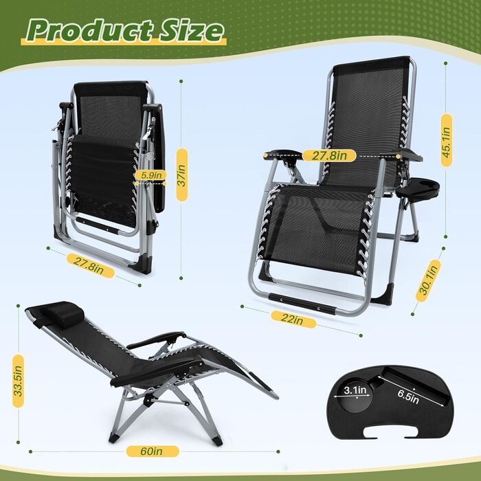Розкладне шезлонґ для саду та басейну, широке крісло для відпочинку 72 см, з подушкою, чорний, витримує до 200 кг