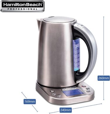 Професійний турбо-електричний чайник Hamilton Beach з нержавіючої сталі, електричний чайник із цифровим регулюванням температури, 1,7 літра, автоматичне вимкнення, 6 налаштувань температури на вибір (41028-CE) Версія для ЄС