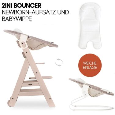 Високий стільчик для годування Hauck Beta+ Newborn Set - комплект для новонароджених, від народження з 2-в-1 функцією гойдалки, подушкою для сидіння та підносом для їжі (Whitewashed)