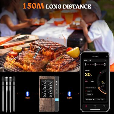 Бездротовий набір термометрів для м'яса (4 шт.) з Bluetooth, водонепроникні (IP67), для приготування на грилі, в духовці, мангалі, ротатерії, фритюрниці