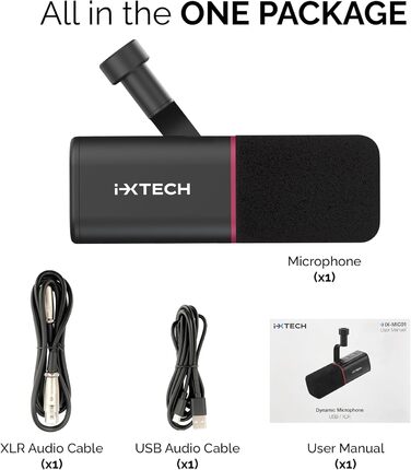 Динамічний мікрофон IXTECH з кардіоїдною діаграмою, RGB підсвічуванням, USB/XLR для студії, подкастів, стрімів, вокалу, озвучування, білий (чорний, M)
