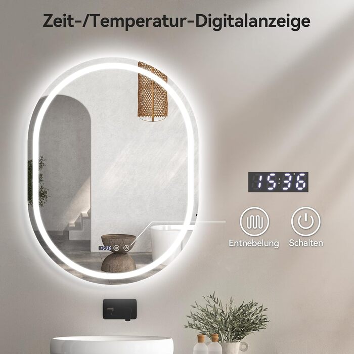 Дзеркало для ванної кімнати YOURLITE з підсвічуванням, кругле, 60 см, LED, 3 кольори, диммування, сенсорне управління, антизапар, пам'ять, IP44, овальне