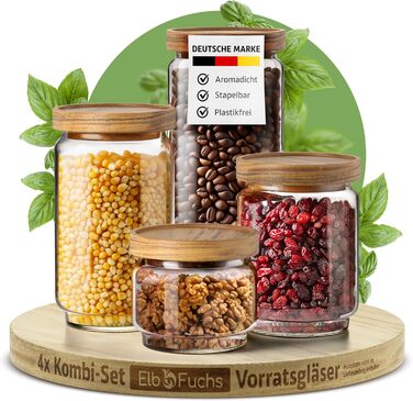 Набір скляних банок для зберігання з кришкою, 4 шт. (300, 500, 700, 1000 мл) | Герметичні, захищені від молі | Для спецій та продуктів харчування