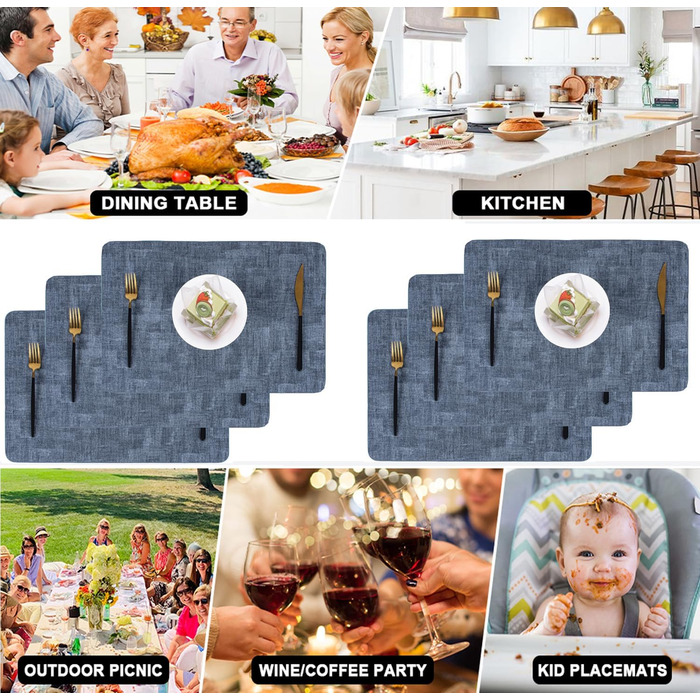 Набір тканих серветок з екошкіри для столу, вологостійкі, стійкі до плям, термостійкі, легко миються, PU серветки для кухні та обіднього столу (Темно-синій, 6 шт.)