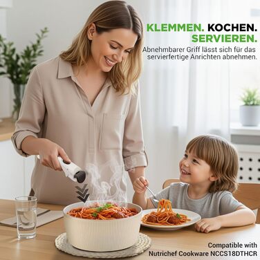 Набір посуду NutriChef 18 предметів з кераміки з знімними ручками, антипригарне покриття, для всіх плит, включаючи індукцію, сумісний з духовкою, компактний, складений, кремовий колір