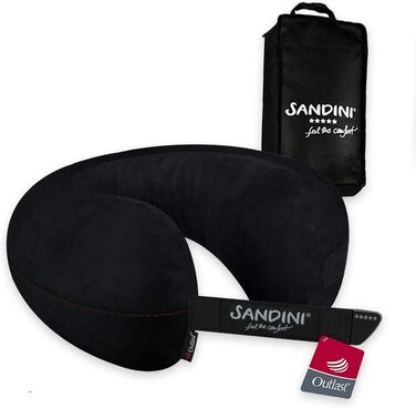 Звичайний розмір SANDINI TravelFix - подушка преміум-класу з мікрофібри європейського виробництва / подушка для шиї з ергономічною функцією підтримки-безкоштовна сумка для перенесення з затискачем для кріплення (Outlast/ мікрофібра чорного кольору)