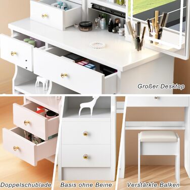 Дзеркальний туалетний столик з LED-підсвічуванням та пуфом, 6 ящиків, 3 полиці, сучасний дизайн, дерево, білий (T68)