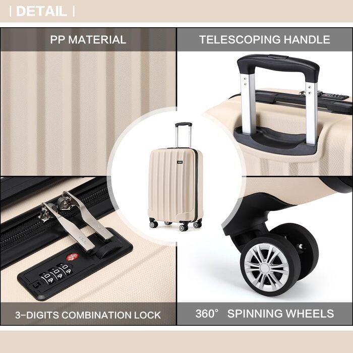 Троєвий валіза Kono ABS з жорстким корпусом, 4 колеса, з замком (Бежевий, ручна поклажа)