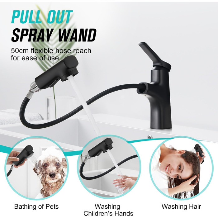 Сучасний змішувач для ванної кімнати CREA з висувною лійкою, 2 режими струменя, одноlever, з міді з хромовим покриттям (чорний)