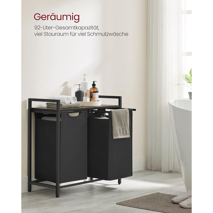 Кошик для білизни VASAGLE з 2 відділеннями, 92 л, чорний + вінтажний коричневий, 73 x 33 x 72 см