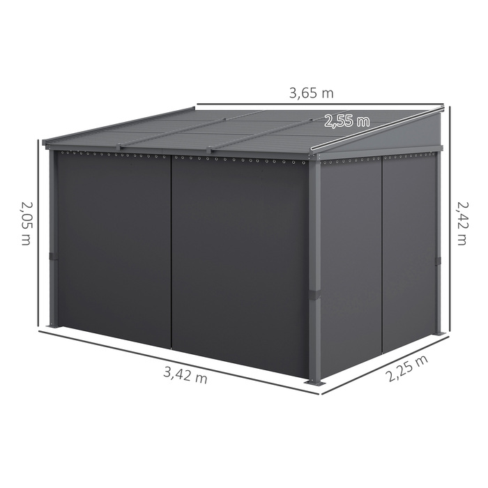 Пергола з ковзним дахом, з балдахіном, алюмінієвий каркас, темно-сірий колір, розміри 3,65 x 2,55 x 2,05 м